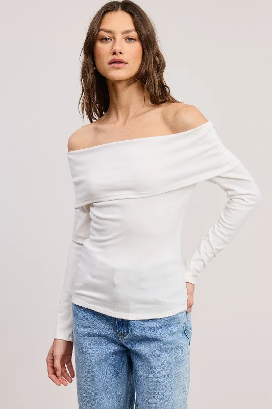 Effortless Looks White Off Shoulder Foldover Long Sleeve Top