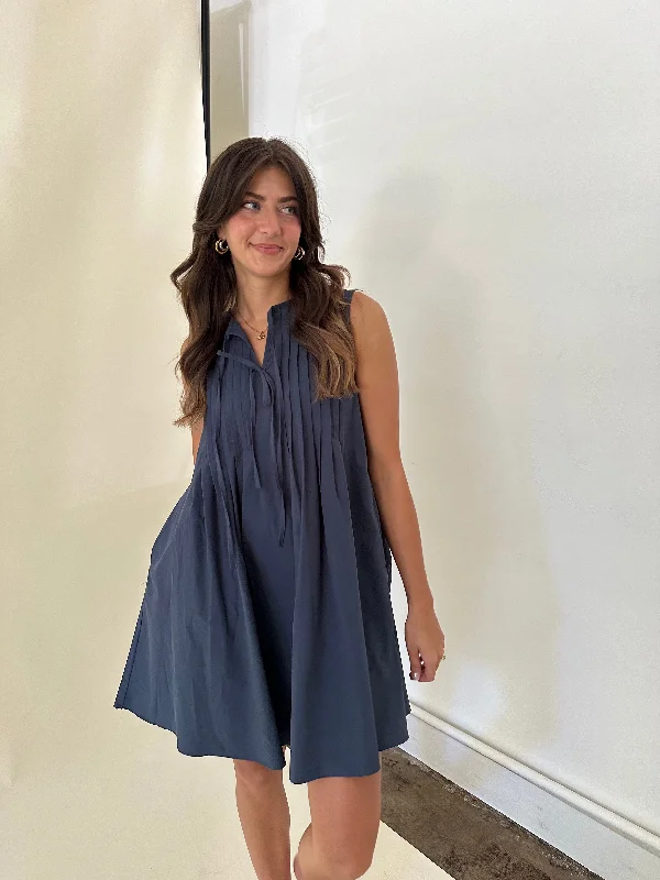 Casual Comfort Charlotte Pintuck Poplin Cotton Mini Dress (Navy)