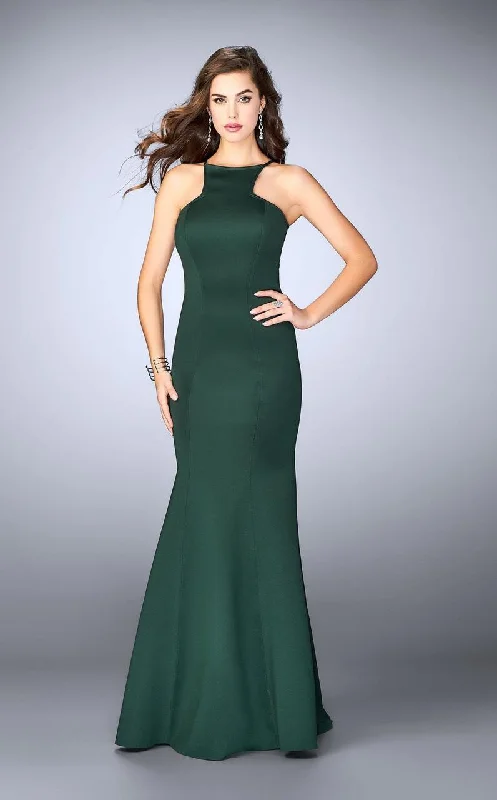 Cozy Apparel La Femme - 24374 Halter Strappy Back Neoprene Mermaid Prom Dress