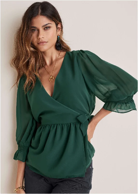 Relaxed Fashion Wrap Tie Blouse - Aventurine