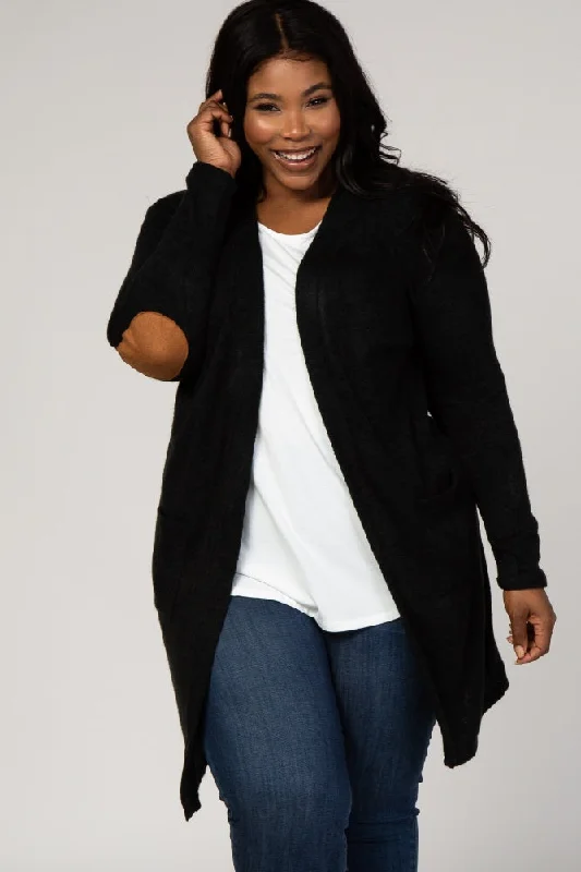 Layered Style PinkBlush Black Solid Knit Elbow Patch Plus Cardigan