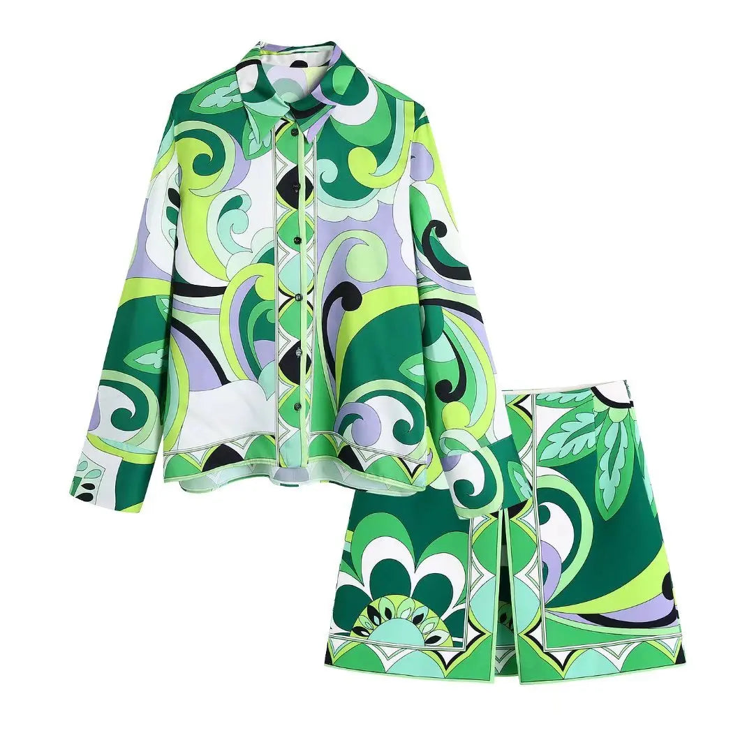 Comfortable Jackets A&A Leaf Print A Line Skirt And Blouse Set