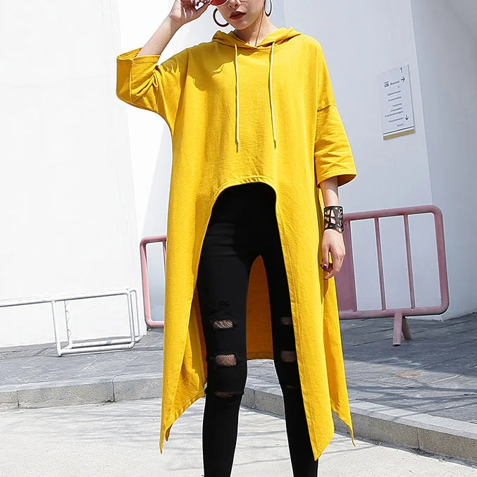 Comfortable Chic fashion yellow linen Vest plusize shirts casual low high design hooded linen t shirt