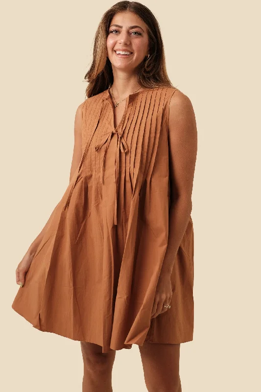 Soft Feel Charlotte Pintuck Poplin Cotton Mini Dress (Rust)