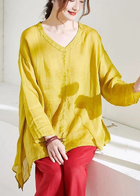 Stylish Jackets Beautiful Yellow Casual V Neck Asymmetrical Design Summer Ramie Shirt Long sleeve