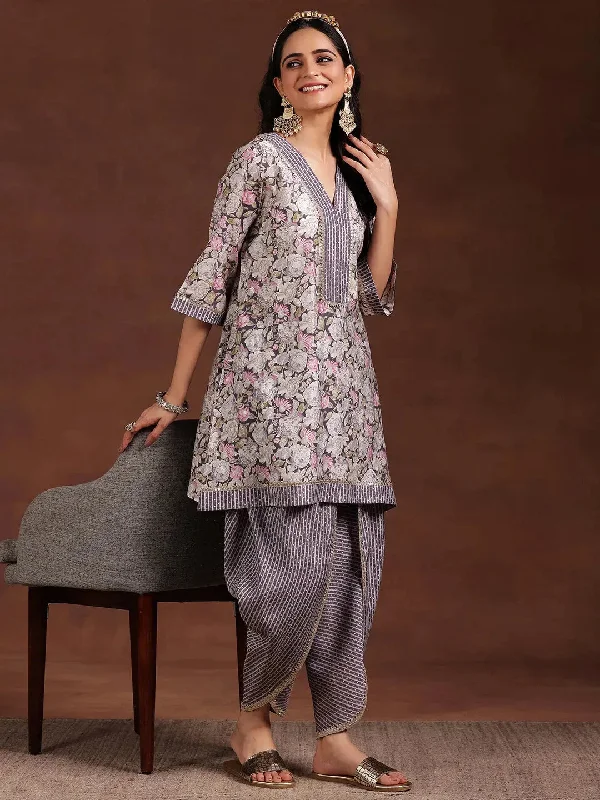 Cozy Chic Trends Grey Printed Silk Blend A-Line Kurta With Dhoti Pants