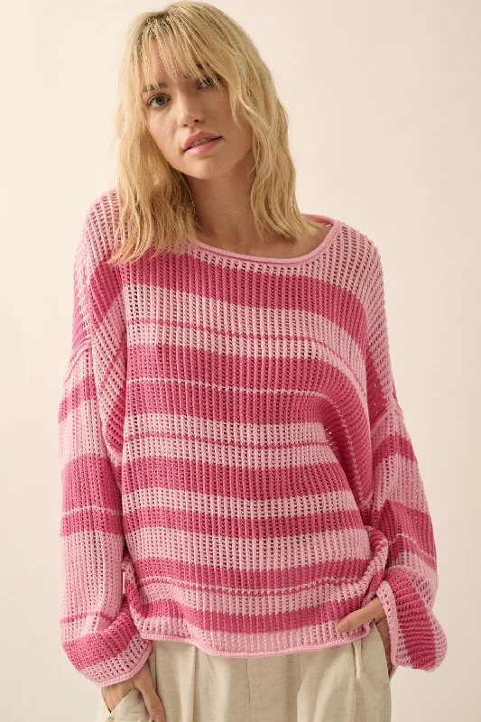 Cozy Essentials Wear Pink Oversized Stripe Colorblock Crochet Knit Sweater