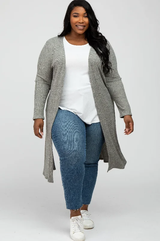 Fashionable Comfort Beige Heathered Ribbed Side Slit Long Plus Cardigan