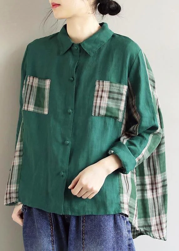 Soft Wearables Beautiful Lapel Patchwork Spring Blouse Fabrics Green Plaid Shirts