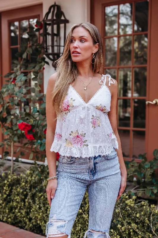 Simple Comfort White Floral Print Eyelet Tank Top