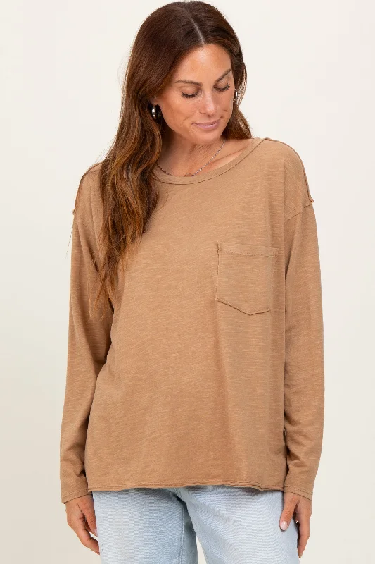 Soft Fabric Looks Camel Mineral Wash Front Pocket Long Sleeve Top