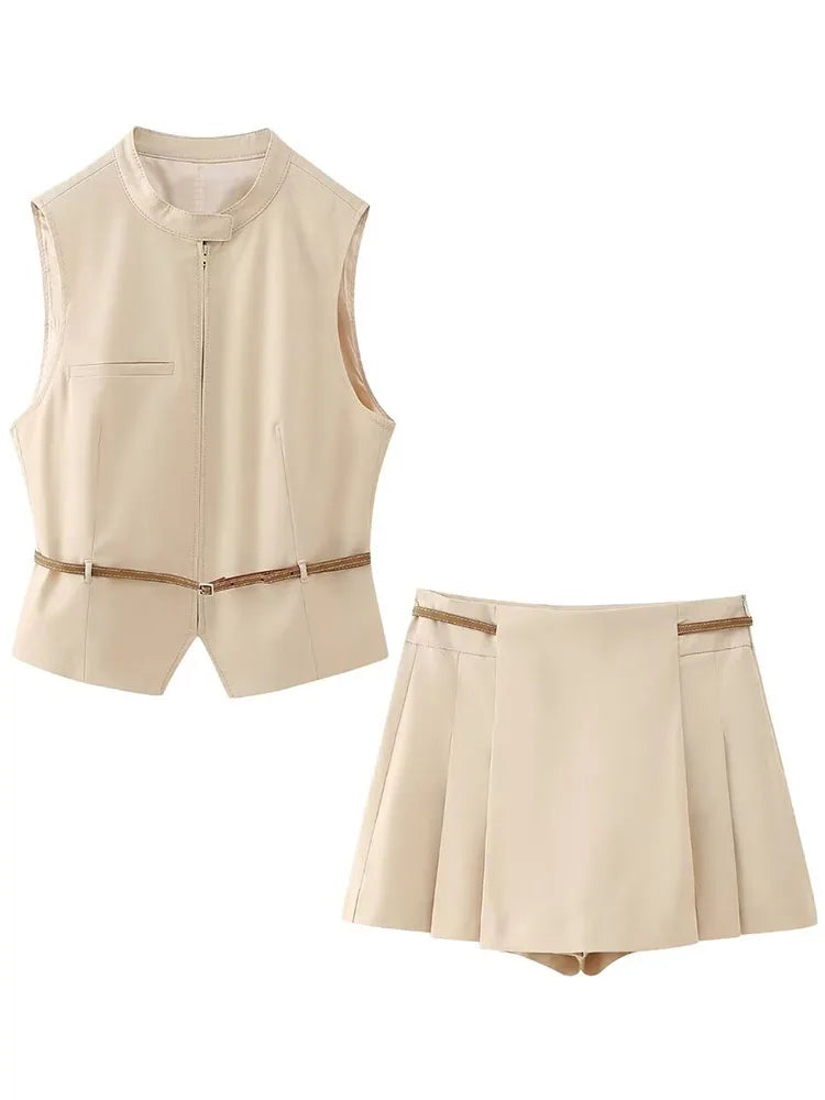 Chic Outfits A&A Belted Wide Pleated Skort Set