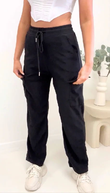 Comfortable Lifestyle Wide Leg Cargo Trousers BLACK