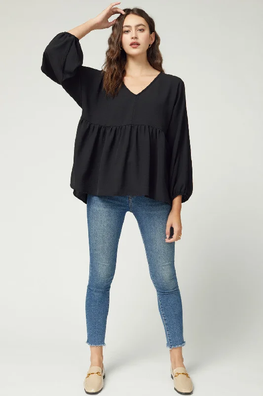 Soft Trends Textured Long Sleeve Babydoll Top, Black