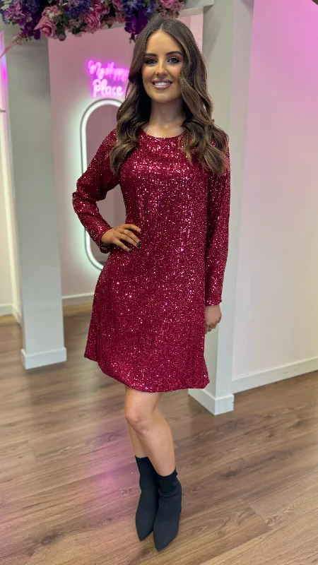 Comfortable Sweaters Brogan Burgundy Bow Detail Sequin Mini Dress