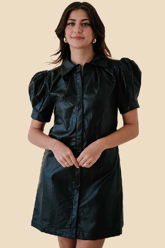 Everyday Outfits Aureum Tessa Vegan Leather Collared Mini Dress (Black)