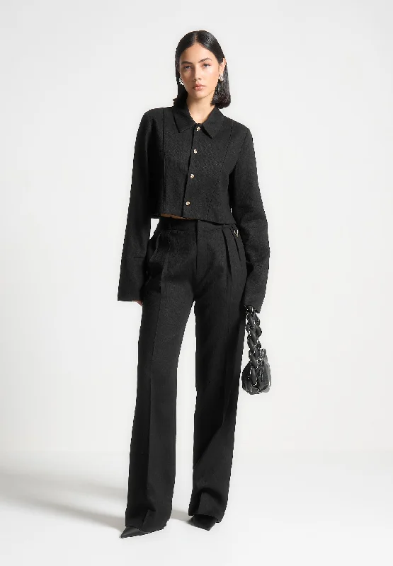 Sporty Wear Linen Pintuck Cropped Shirt - Black