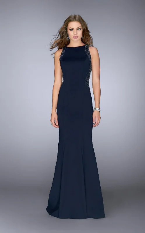 Light Comfort La Femme - 24839 Sleeveless Sheer Beaded Back and Side Bodice Long Prom Dress Light Comfort La Femme - 24839 Sleeveless Sheer Beaded Back and Side Bodice Long Prom Dress