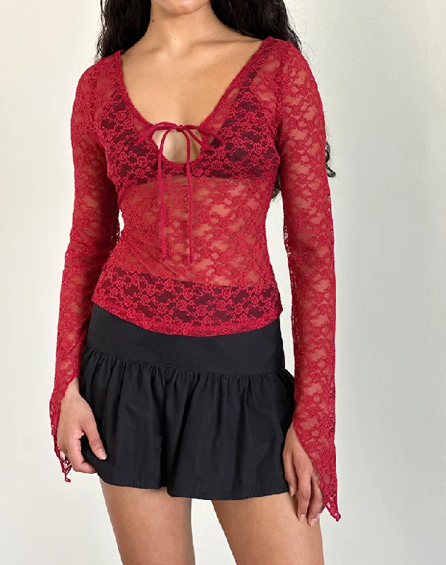 Versatile Style Natasha Tie Front Top in Mari Lace Red