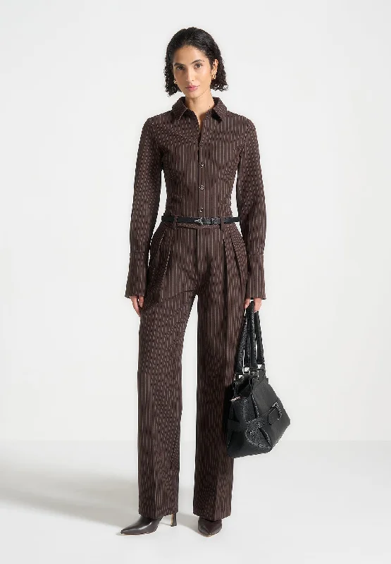 Relaxed Chic Pinstripe Twin Pleat Tailored Trousers - Brown
