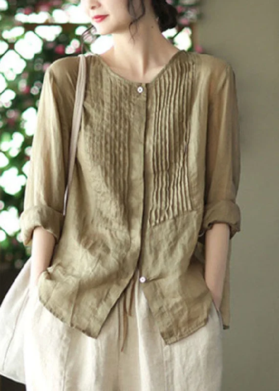 Soft Casuals Beautiful Bean Green Solid O-Neck Button Linen Shirts Long Sleeve