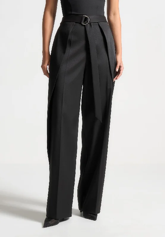 Everyday Outfits Foldover Sateen Trousers with D-Ring Belt - Black