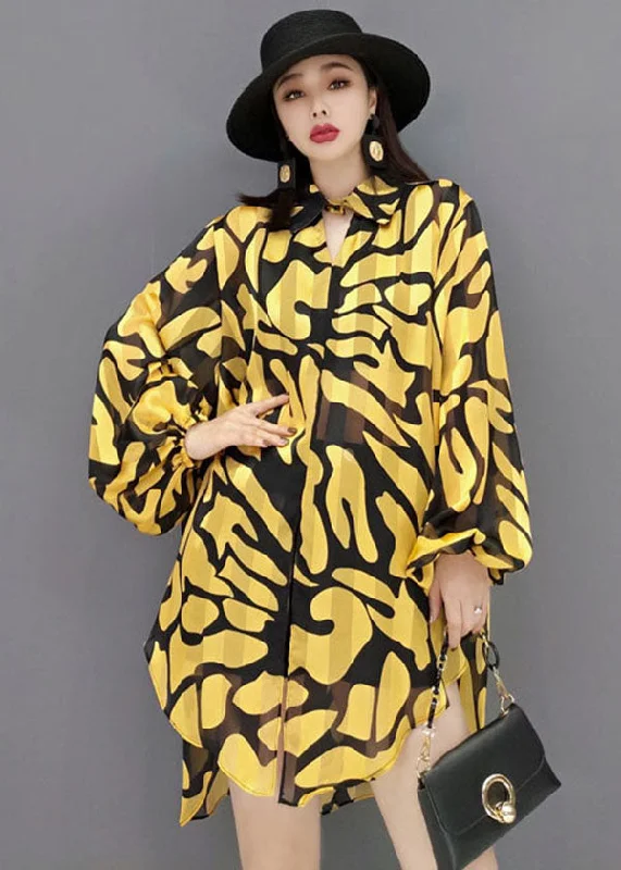 Cozy Fitting Beautiful Yellow Peter Pan Collar Print Side Open Chiffon Long Shirt Lantern Sleeve