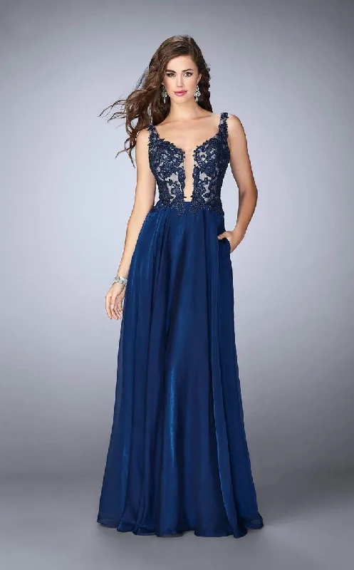 Cozy Essentials Wear La Femme - 23802 Deep V Neck Illusion Lace Top Prom Gown