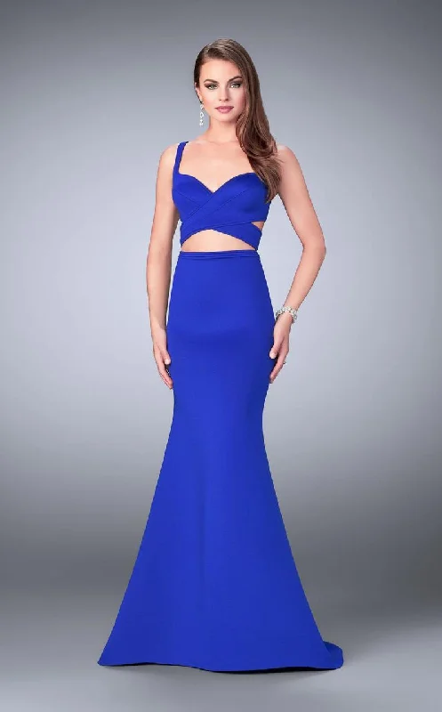 Comfortable Tops La Femme - 24288 Classy Crisscrossed Crop Top Long Evening Gown