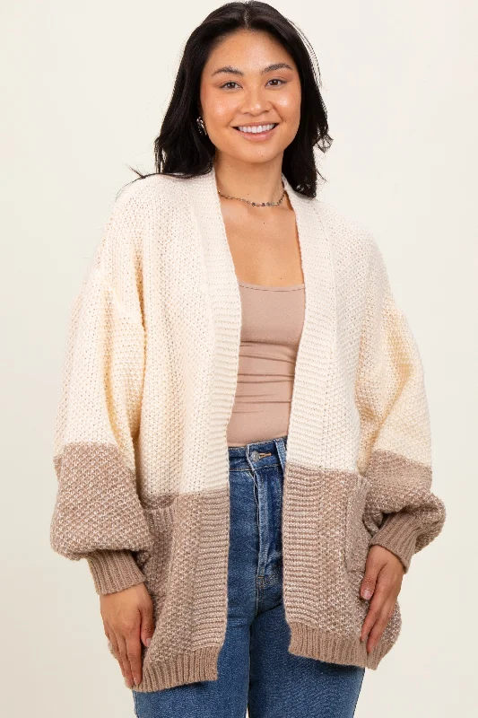 Versatile Casuals Cream Colorblock Bubble Sleeve Knit Cardigan