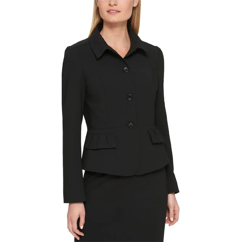 Relaxed Fit Wear DKNY Womens Ruffled Four Button Blazer Jacket, Black, 4