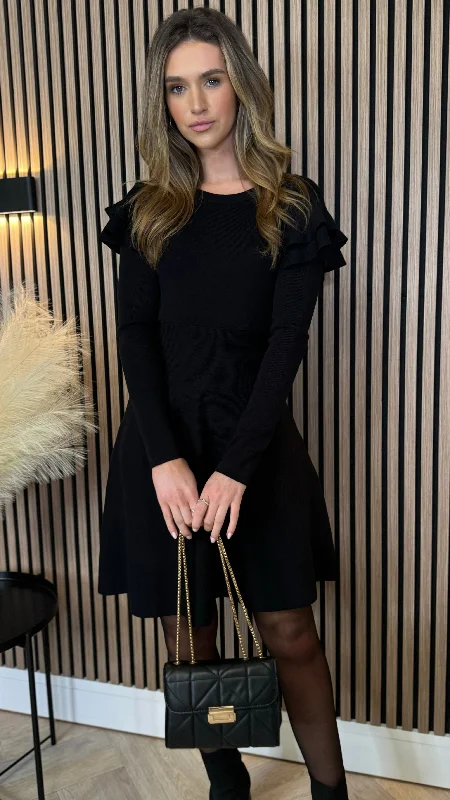 Light Comfort Leighton Black Frill Shoulder Detail Kint Mini Dress