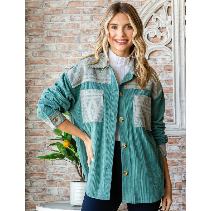Fashion Comfort Women's Teal Corduroy Aztec Shacket