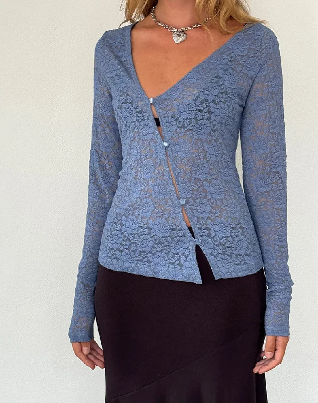 Elegant Casuals Zatin Asymmetrical Cardigan in Moonlight Blue Lace