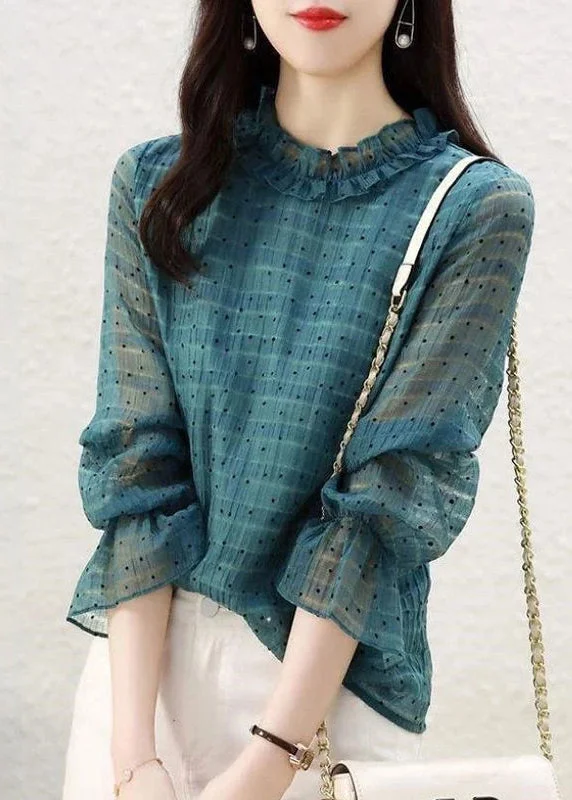 Simple Looks Elegant Peacock Green Stand Collar Ruffled Dot Print Chiffon Tops flare sleeve