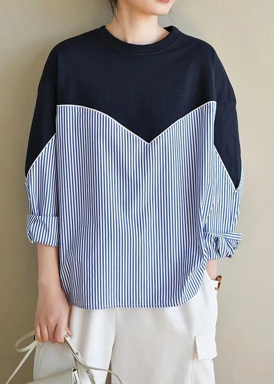 Fashion Comfort Fitted Navy Patchwork Striped Long sleeve Spring Blouses