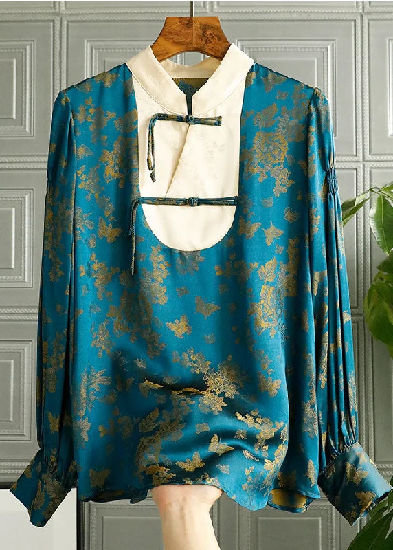 Cozy Knits Fine Green Stand Collar button print Patchwork Silk Tops Spring