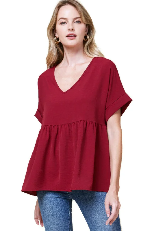 Versatile Style Textured Babydoll Top, Ruby