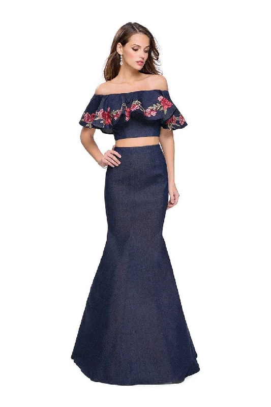 Everyday Style La Femme - 26013 Off The Shoulder Ruffle Denim Two Piece Gown