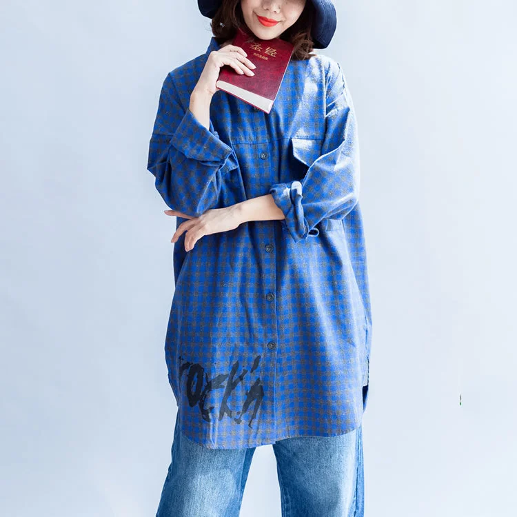 Light Layers blue fashion casual grid prints cotton blouse oversize turn-down collar shirt