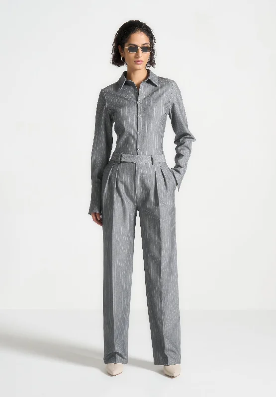 Soft Wearables Pinstripe Twin Pleat Tailored Trousers - Grey