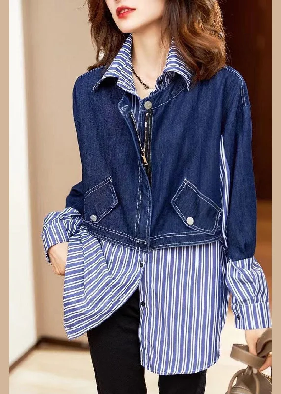 Casual Comfort Wear Fine Blue button Peter Pan Collar denim Patchwork Striped Shirts Spring Casual Comfort Wear Fine Blue button Peter Pan Collar denim Patchwork Striped Shirts Spring