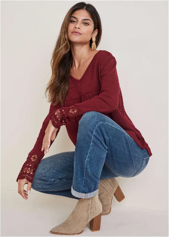 Elegant Wear Waffle Babydoll Top - Wine