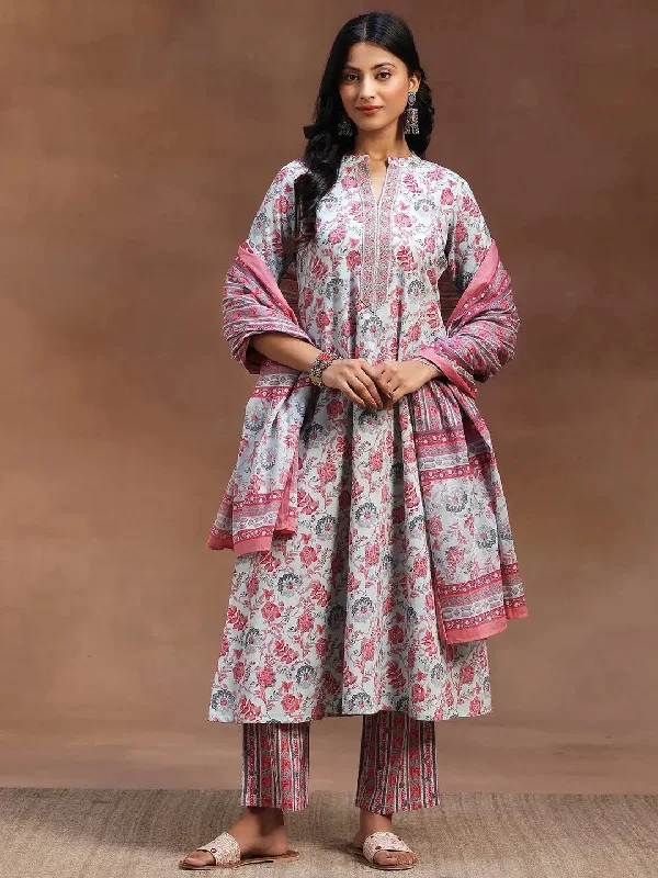 Easygoing Fashion Light Blue Printed Cotton A-line Kurta With Trousers & Dupatta