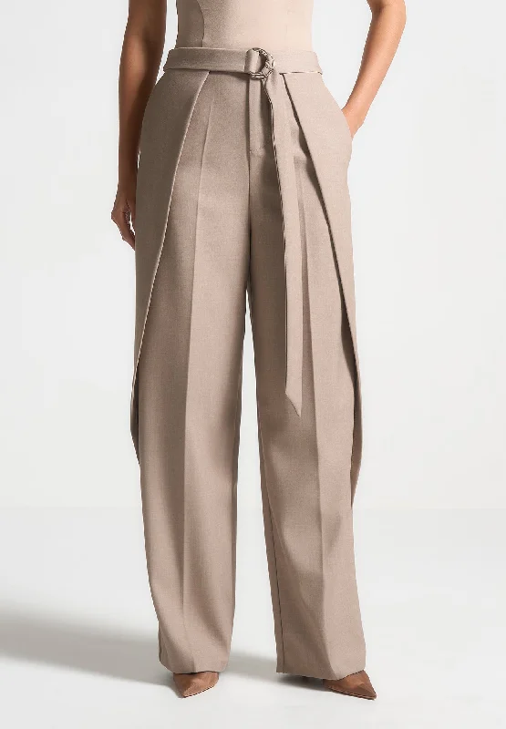 Breathable Style Foldover Tailored Trousers with D-Ring Belt - Taupe