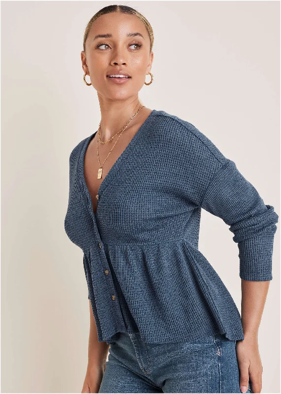 Cozy Fashion Trends Waffle Babydoll Henley - Vintage Indigo
