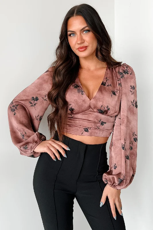 Breezy Comfort Just Say When Satin Floral Long Sleeve Top (Brown)