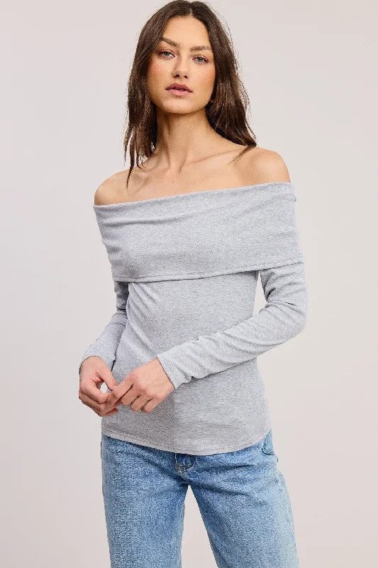 Simple Chic Heather Grey Off Shoulder Foldover Long Sleeve Top