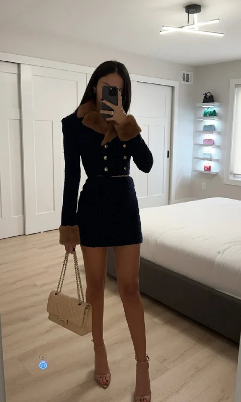 Breathable Style Wylda Navy Blue Boucle Wool Bodycon Mini Skirt