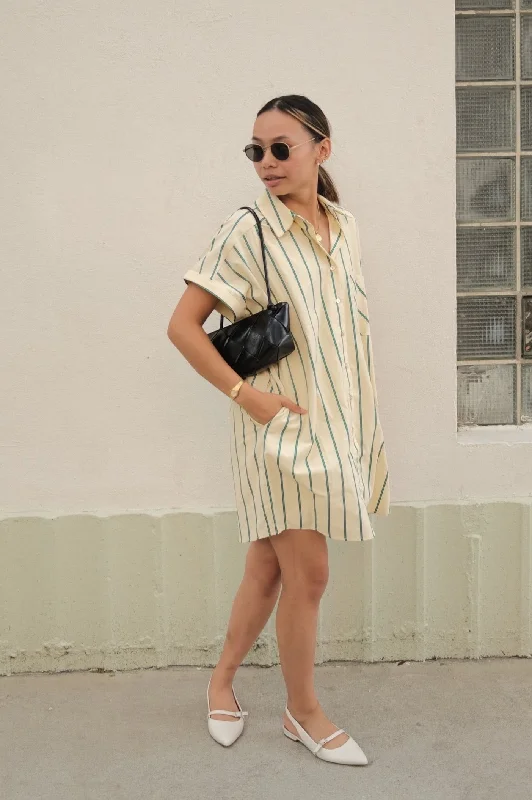 Warm Chic Winter Green Striped Cotton Buttoned Mini Dress